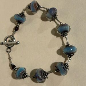 Blue and Silver Lampwork Glass Bracelet with Toggle Clasp
